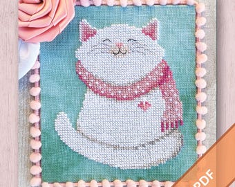Coco Love | Rescue Cat Cross Stitch Pattern PDF | White Kitten in Pink Scarf | Winter Embroidery | Valentine’s Day Stitch | Digital Download