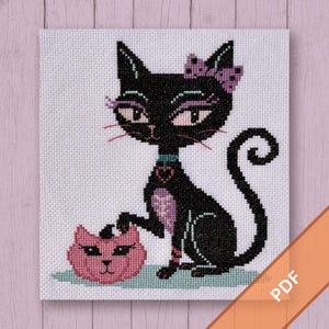Goth Kitty | Cross Stitch PDF Pattern | Black Cat with Pumpkin | Halloween Stitch | Mid Century Modern Style | Cute Spooky Decor