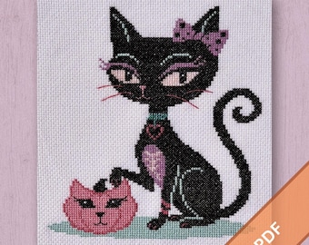 Goth Kitty | PDF-patroon kruissteek | Zwarte kat met pompoen | Halloweensteek | Moderne stijl uit het midden van de eeuw | Leuk spookachtig decor