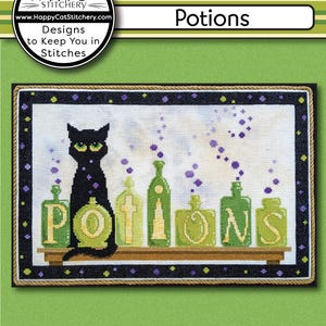 May include: Cross-stitch pattern featuring a black cat with green eyes sitting next to green potion bottles. The word "Potions" is spelled out in green letters. The design is framed with a black border and a rope-like trim. The Happy Cat Stitchery logo is in the upper left corner.
