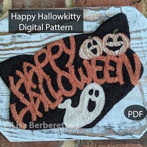 May include: A Halloween-themed digital pattern featuring a black cat silhouette with the words "Happy Halloween" in orange. Two smiling pumpkin faces and a white ghost are also included. The design is on a distressed, white-washed wooden background.