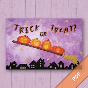 Trick or Treat? | Halloween Cross Stitch Pattern PDF | Flying Pumpkins on Broom | Witchy Embroidery | Autumn Decor | Digital Download