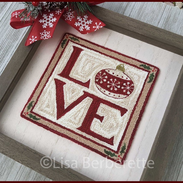 I Love Christmas PDF Needle Punch Pattern Vintage Love Stamp Style with Red Letters and an Elegant Antique Ornament Instant Download