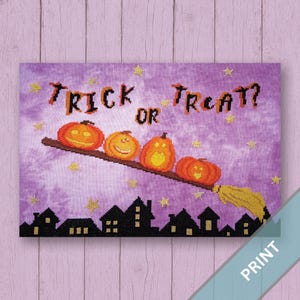 Trick or Treat? | Printed Halloween Cross Stitch Pattern | Flying Pumpkins on Broom Embroidery | Witchy Autumn Design | Spooky Home Decor
