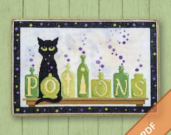 Potions | Halloween Cross Stitch Pattern PDF | Black Cat & Potion Bottles | Witchy Embroidery | Spells and Bubbles | Autumn Decor Download