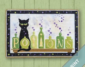 Potions | Printed Halloween Cross Stitch Pattern | Black Cat and Potion Bottles Embroidery | Witchy Spells and Bubbles | Autumn Home Decor