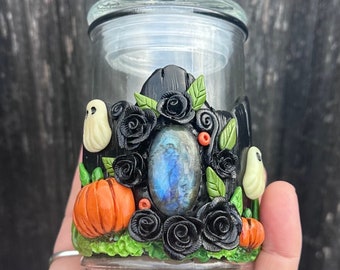 Halloween Themed Labradorite Apothecary Jar - Ready to Ship - Pumpkins Fall Glow in the Dark Ghosts