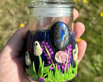 Ghost Flowers Labradorite Apothecary Jar - Ready to Ship - Halloween Glow in the Dark Ghosts Cottagecore