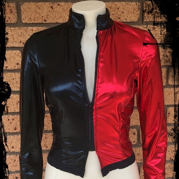 Harley Quinn Black and Red Lycra Spandex Zip Jacket, Size Medium - Ready to Ship - DC Comics Cosplay Batman Joker