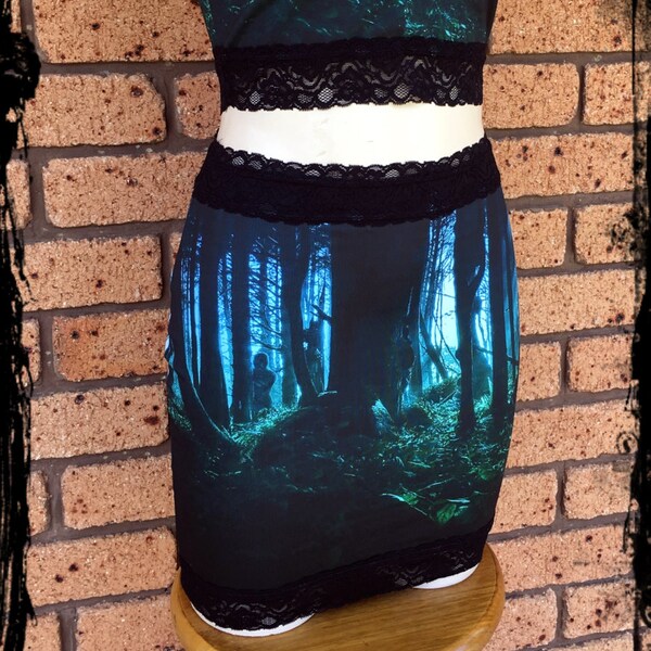 Gothic Dark Forest Skirt and Crop Top Set, Size Small - Ready to Ship - Fantasy Lycra Pagan Wicca Nature