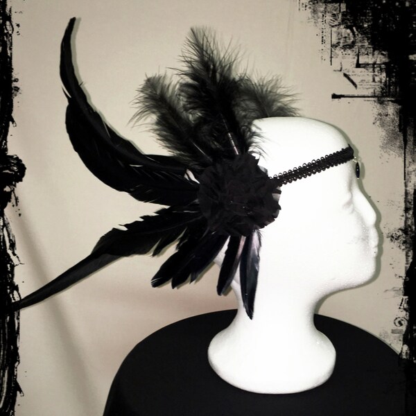 Raven Black Feather Head Piece - Ready to Ship - One size, Gothic Tribal Burlesque Performer Drag Festival Belly Dance Faery Wedding Wicca