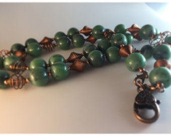 Lanyard Necklace Simulated African Green Turquoise and Vintage Copper Wire Beads ID Holder Badge Holder