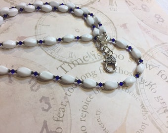 Opaque White Lanyard Necklace with Cobalt Blue Swarovski Crystal Unique Convertible Design