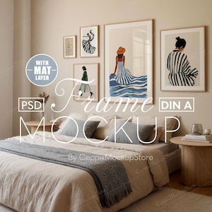 5 Bilderrahmen Mockup Schlafzimmer, 5er Bilderrahmen Set, 5 Bilderrahmen, 5 Bilder für Bundle, Realistisch a4 a3 a2 Boho, Minimal, Psd Poster Art DIN A Photoshop
