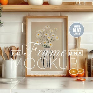 Kitchen Frame Mockup, A4 Realistic Minimalist Home, PSD Poster ISO A DIN, Counter Interior Template Thin Wood Frame Boho A3 A2, Gallery Wall
