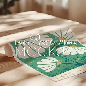 Aufgerolltes Poster Mockup: PSD Photoshop Smart Objekt, Detaillierte Nahaufnahme A4 A3 ISO Smart Objekt Vorlage Realistisch Flat Lay