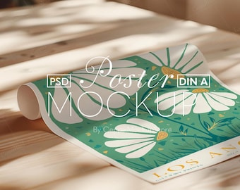 Rolled Up Poster Mockup: PSD Photoshop Smart Object, Detailed Close-Up View A4 A3 ISO Smart Object Template Realistic Flat Lay