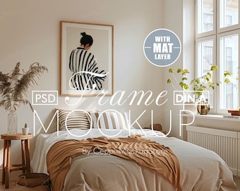 Bedroom Frame Mockup, A0 A1 A2 A3 A4 Vertical Realistic Poster Thin Wooden Frame PSD Photoshop Home Bed Pillow Interior Template DIN A Ratio