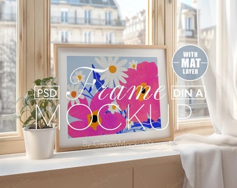 Horizontal Frame Mockup, Leaning On Window, Landscape PSD Template, Smart Object Interior Poster Mockup DIN A, Simple Wood Photoshop, A3, A4