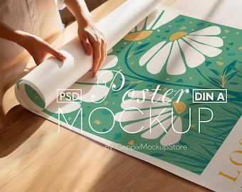 Poster Mockup With Person, Rolled Up: Unrolling Rolling, Detailed CloseUp Hands A4 A3 ISO Smart Object Template Realistic Flat PSD Photoshop