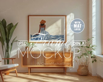 Horizontal Frame Mockup, Landscape Wall Art Template, Oak  Wood A0 A1 A2 A3 A4 PSD Photoshop, Smart Object, Interior Poster DIN A, Simple