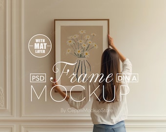 Frame Mockup With Person, A2 A3 A4 A0 A1 Realistic Hand, Minimal Poster, Woman Hanging Thin Wood, PSD Photoshop Home Interior Template DIN