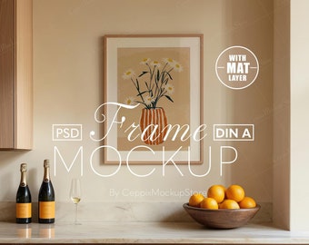 Kitchen Frame Mockup, Boho Minimalist Art, A4 A3 A2 (PSD, JPEG)