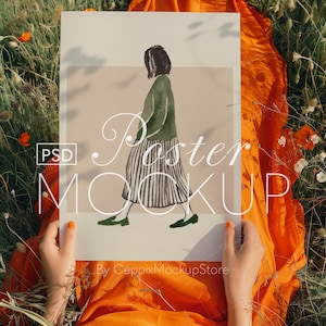 Mockup de pôster com pessoa: Natureza realista DIN A Ratio, Detalhe de close-up com mãos, PSD Photoshop Frame Mockup com flores, Boho A3, A4