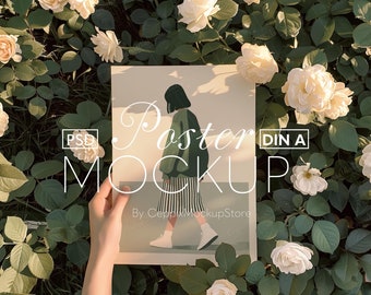 Poster Mockup: Boho Roses, Realistic Paper (PSD Photoshop File)