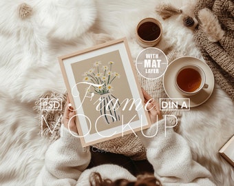 Frame Mockup With Person, A4 A3 A2 Realistic Hand, Minimal Poster, Woman Holding Wooden, PSD Photoshop, Coffee Table Tea Book, Interior DIN