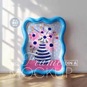 Maqueta de marco ondulado azul, plantilla de póster de vidrio de niño y niña de plástico con curvas A4 A3, habitación juvenil divertida PSD Din A Funky Artwork Preppy Stylish Trendy