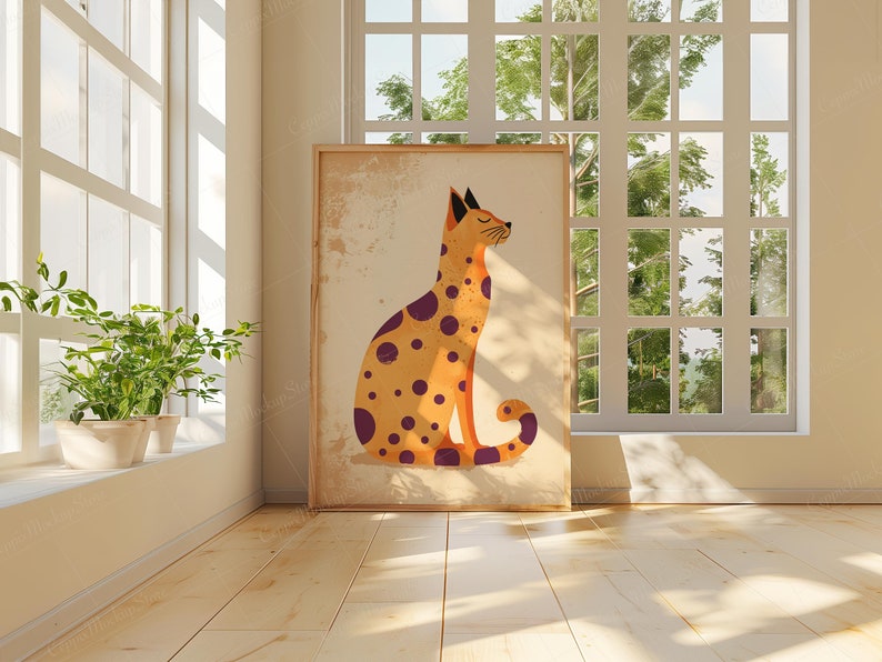 May include: A framed illustration of a spotted cat sitting with its tail curled around its legs. The cat is yellow with purple spots and is set against a beige background.