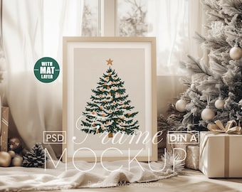 Christmas Frame Mockup, Winter Frame Template Glass Thin Light Wood Bundle, Closeup Xmas Cozy Art Print Din Ratio a4 a3 Poster PSD Photoshop