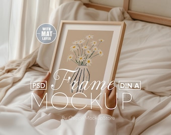 Frame Mockup with Person, Realistic a3 a4 Bedroom Scene Minimal Boho, Woman Hands Holding Poster, Vertical Wall Art,  Simple Template DIN