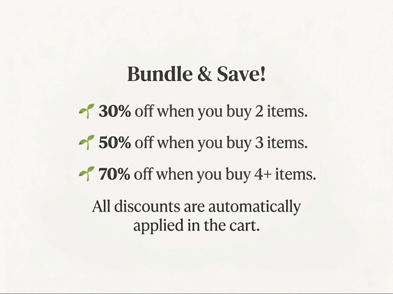 May include: A white background displays text promoting a bundle offer. The text reads "Bundle & Save!" with details of discounts: 30% off for 2 items, 50% off for 3 items, and 70% off for 4+ items. The text also states that discounts are automatically applied.
