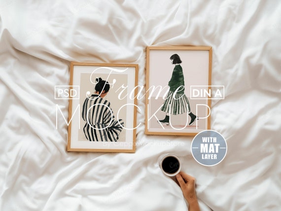 2 Frame Mockup Person Hand Gallery Set, Two 2 Frames for Bundle on Bed Sheet, A4 Boho Wood, Vertical, Psd, Poster Mockup, DIN A Photoshop A3
