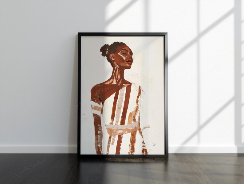 May include: A framed art print showing a portrait of a person with brown skin. The person has closed eyes and a calm expression, wearing a white and brown striped garment. The artwork is set against a white background.