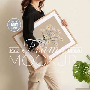 Frame Mockup With Person, a1 a2 a3 a4 Realistic Hand Minimal Poster, Woman Holding Thin Wood Frame, PSD Photoshop Interior Template DIN