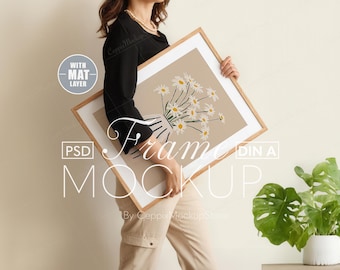 Wood Frame Mockup, Woman Holding Poster, PSD Template (Digital Download)