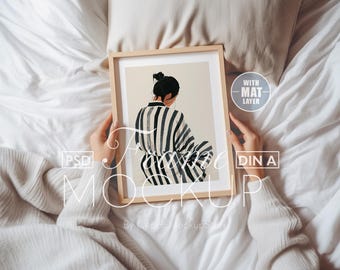 Frame Mockup With Person, A4 A3 Bedroom Realistic Hand, Minimal Boho Poster, Woman Sitting Wood, PSD Photoshop Home Interior Template DIN
