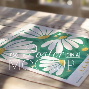Puede incluir: Una maqueta de un póster con un diseño floral con margaritas blancas sobre un fondo verde. El póster se titula "London Botanical" y está etiquetado como "Gallery Prints No. 3" y "Din A".