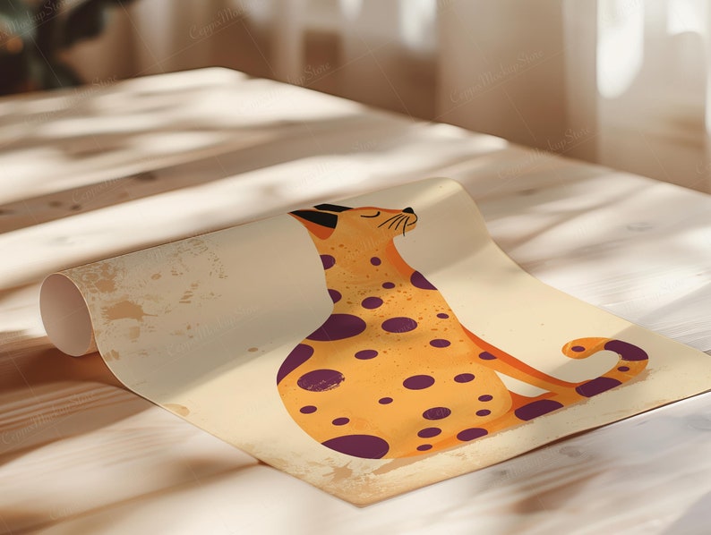 May include: An illustration of a stylized cat in orange with purple spots, sitting with its eyes closed. The artwork is on a rolled-up paper with a beige background and a distressed, vintage aesthetic.