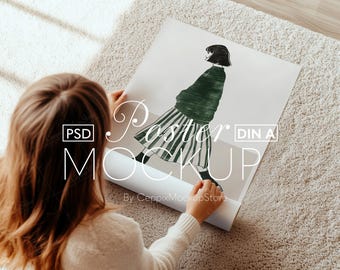 Poster Mockup With Person, Rolled Up: Unrolling Rolling, Detailed CloseUp Hands A4 A3 ISO Smart Object Template Realistic Flat PSD Photoshop