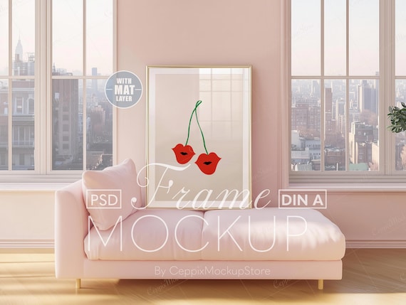 Frame Mockup Pink Gold, for Girl Boho Feminine Chic Glam Room DIN a0 a4 a3 a2 a1 Realistic PSD Photoshop Minimalistic Home, Fashion