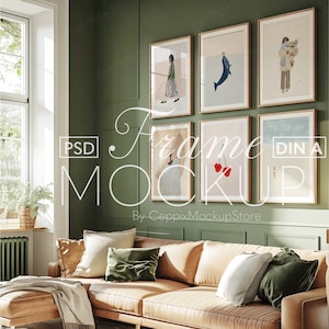 6 Six Frame Gallery Wall Mockup, Multiple Window Glass Reflection for Bundle, A4 A3 A2 Psd, Iso Photoshop, Din A Ratio, Interior Minimal