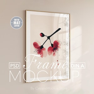 Gold Rahmen Mockup, Dünne Hängende Wand, Glas Spiegelung, Vertikale Nahaufnahme Poster, PSD DIN a1 a2 a3 Minimal Vorlage für Photoshop Light