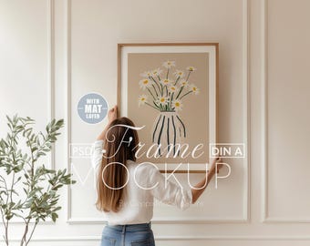 Frame Mockup With Person, A2 A3 A4 A0 A1 Realistic Hand, Minimal Poster, Woman Hanging Thin Wood, PSD Photoshop Home Interior Template DIN