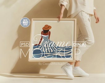Square Frame Mockup with Person, Thin Wooden PSD (Digital Download)