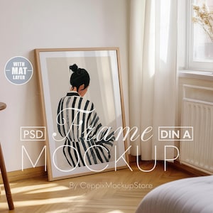 Einfacher Glasrahmen Mockup, Naturglas Wand Vorlage Photoshop, Ein Boho a3 a4 PSD Poster Kunstwerk DIN a2, Dünne Holz Spiegelung