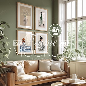 4 Frame Gallery Wall Mockup With Mat, Four Multiple Template, Glass, Psd Photoshop, Din A Ratio, Window Interior Minimal Iso a0 a3 a4 Modern